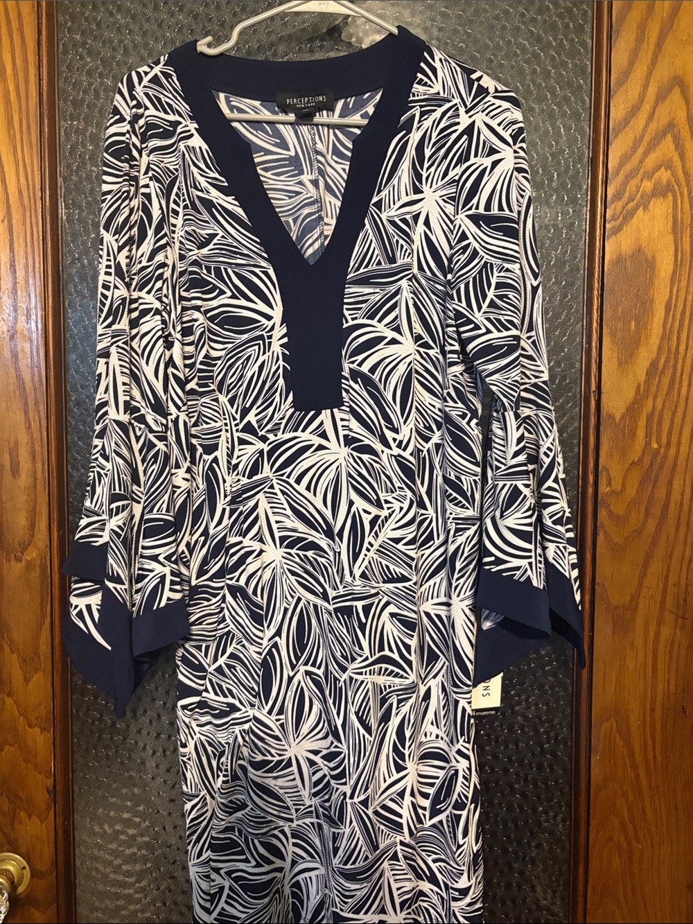 Perceptions Navy & White Leaf-Print V-Neck Swim Cover-Up or Dress